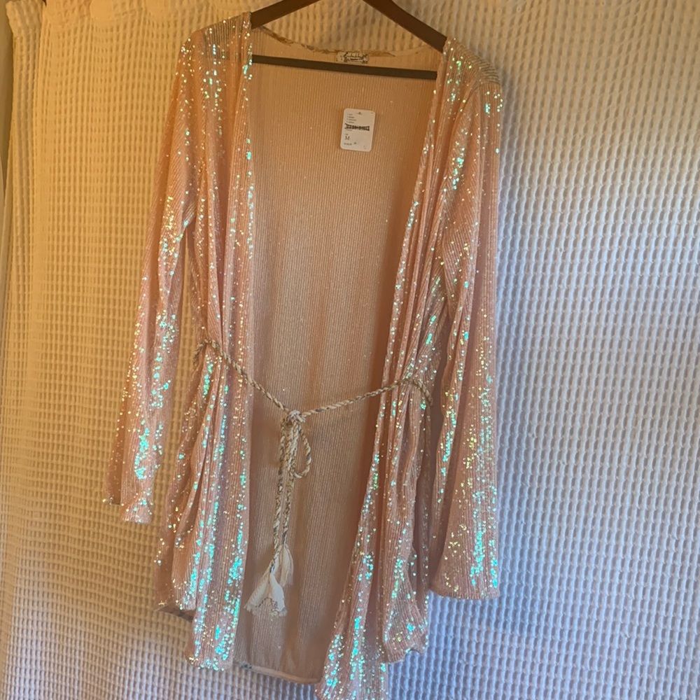 Free people light pink/ rose sequin top/ jacket with tie. NWT